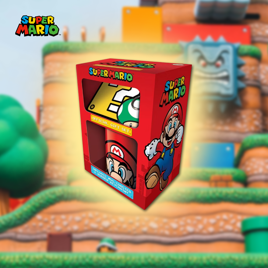 frisk rød boks med super mario kopp inni, en nøkkelring grønn sopp og oransje spørsmålstegn pengeblokk