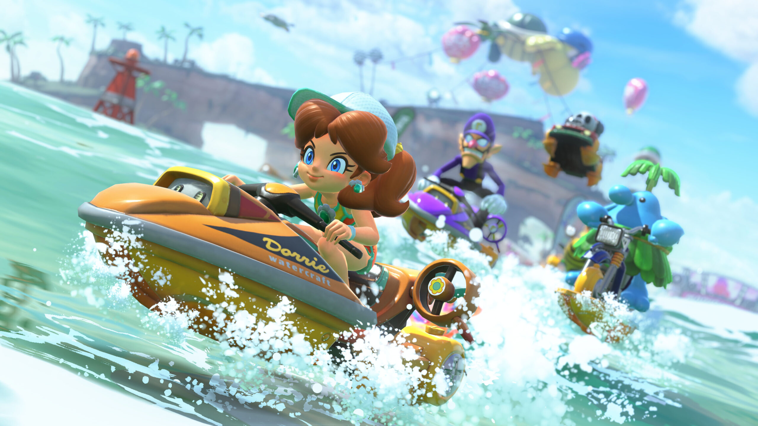 daisy kjører vannscooter i spillet mariokart world på nintendo switch 2
