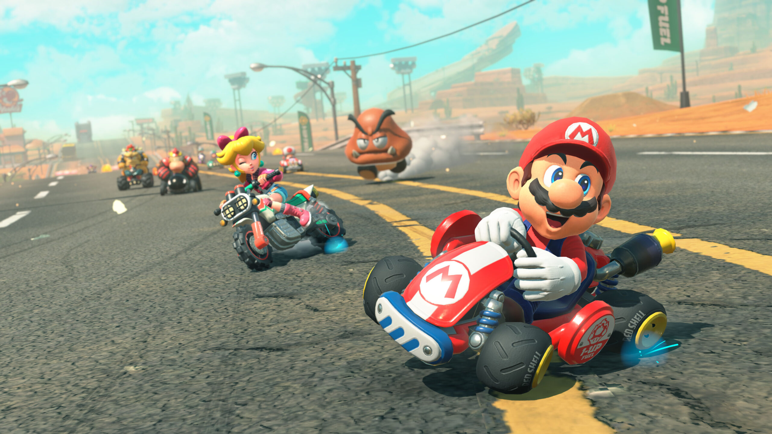 mario kjører gokart på asfalt i Mariokart World på Nintendo Switch 2