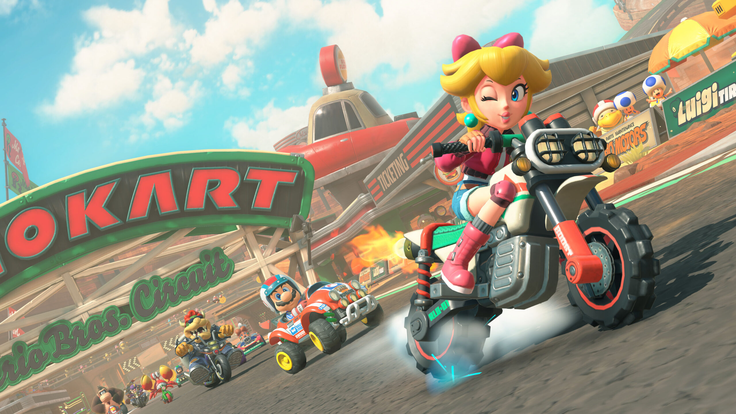 peach kjører gokart på asfalt i Mariokart World på Nintendo Switch 2