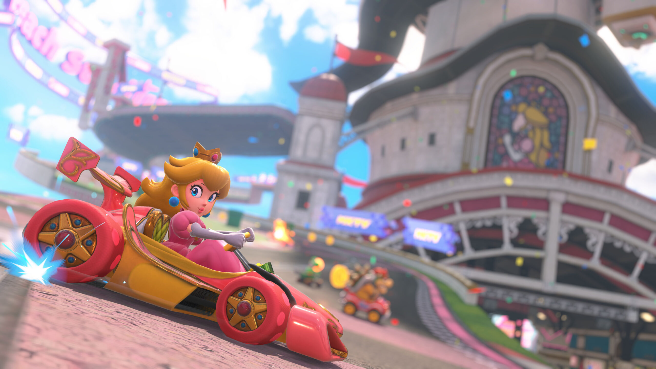 peach kjører gokart på asfalt foran slottet i Mariokart World på Nintendo Switch 2