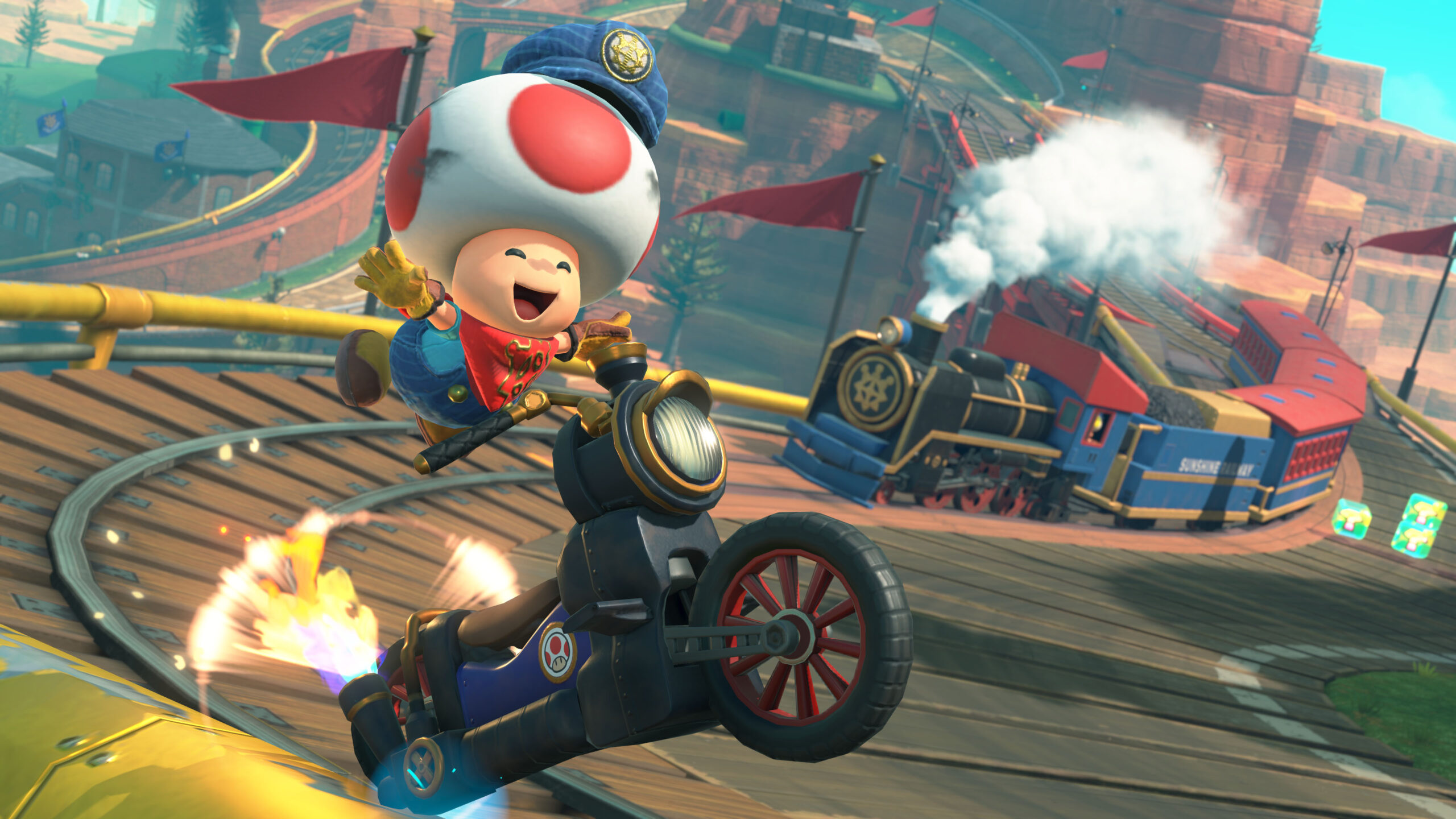 toad kjører motorsykkel på stogskinne i Mariokart World på Nintendo Switch 2
